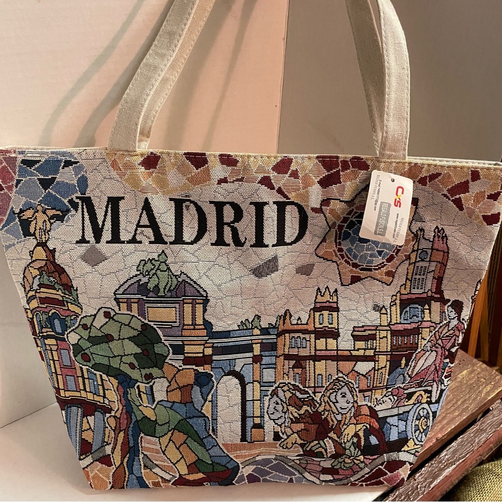 Madrid Spain Tapestry Mosaic Canvas Tote Bag with Zipper and Interior Lining NWT